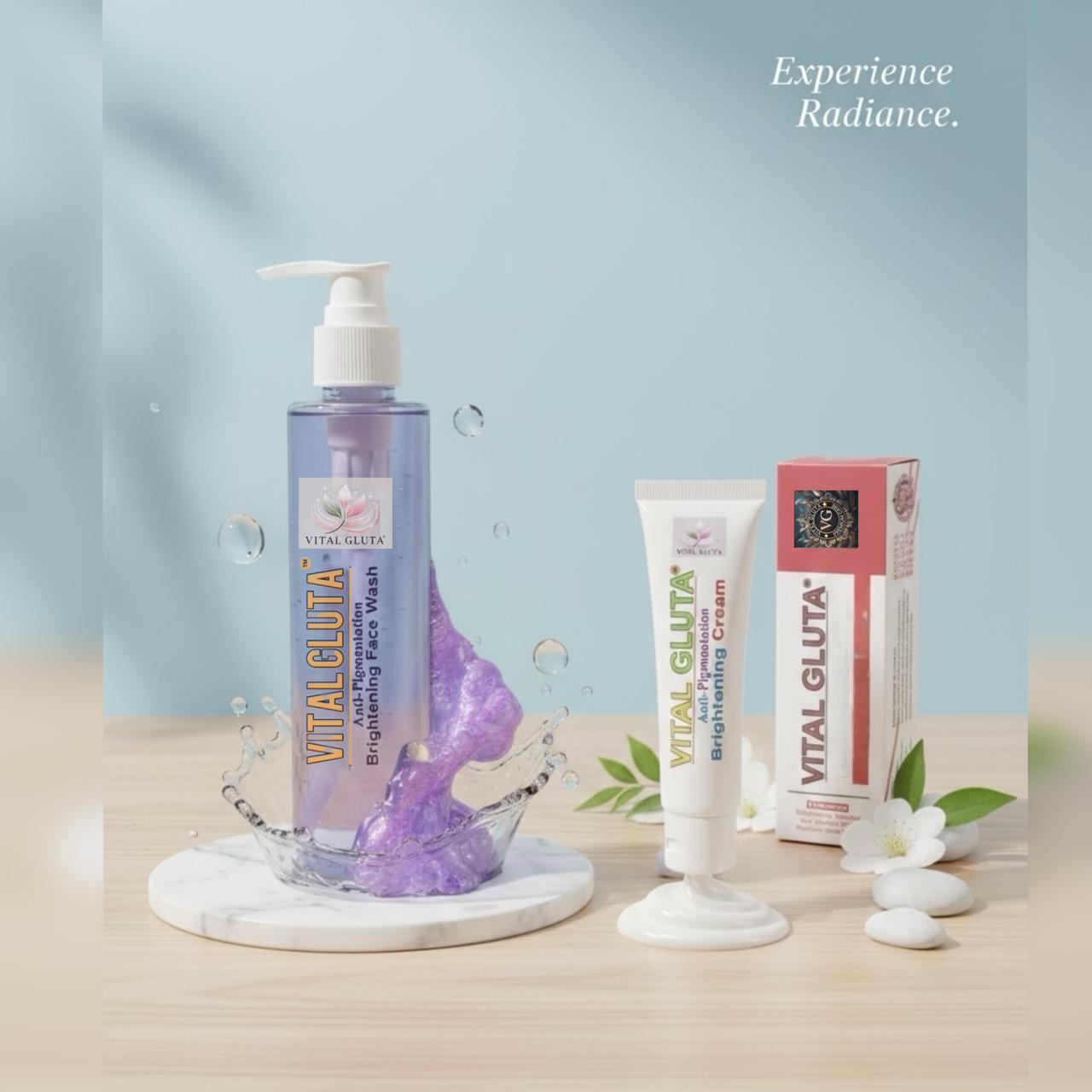 Vital Gluta skincare products on a wooden surface with a light blue background