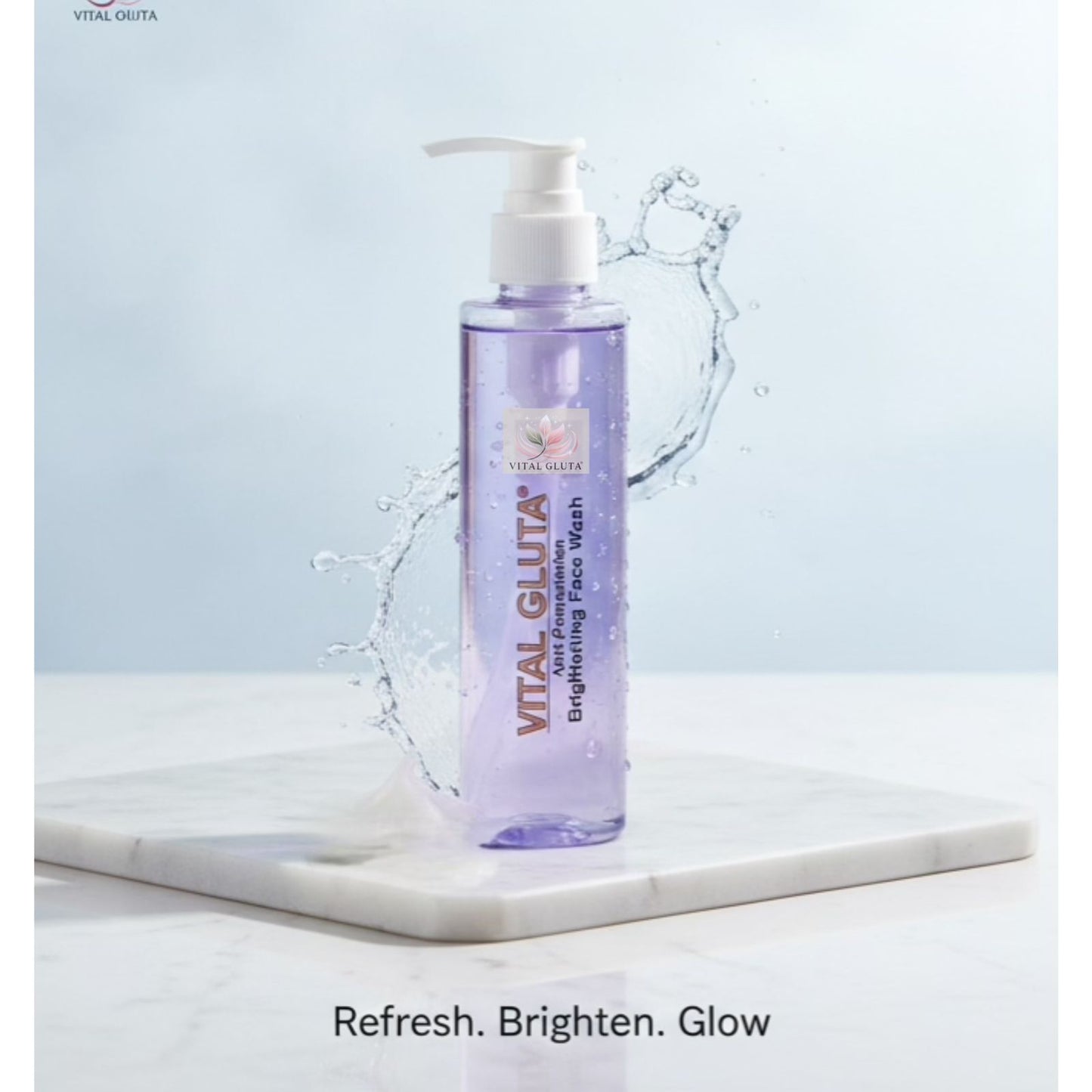 Purple bottle of Vital Gluta skincare product on a marble surface with water droplets.