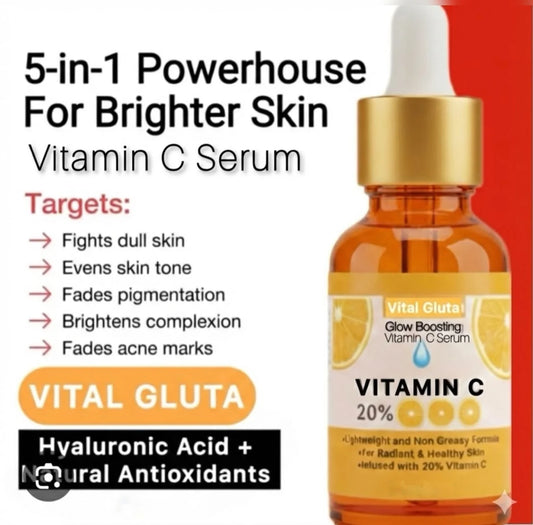 bottle of VitalGluta Vitamin C serum bottle with text highlighting benefits on a red background