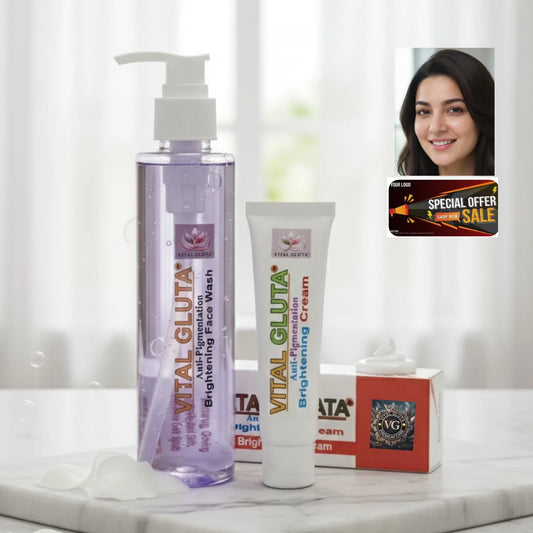 Vital Gluta skincare products on a marble surface with a blurred background