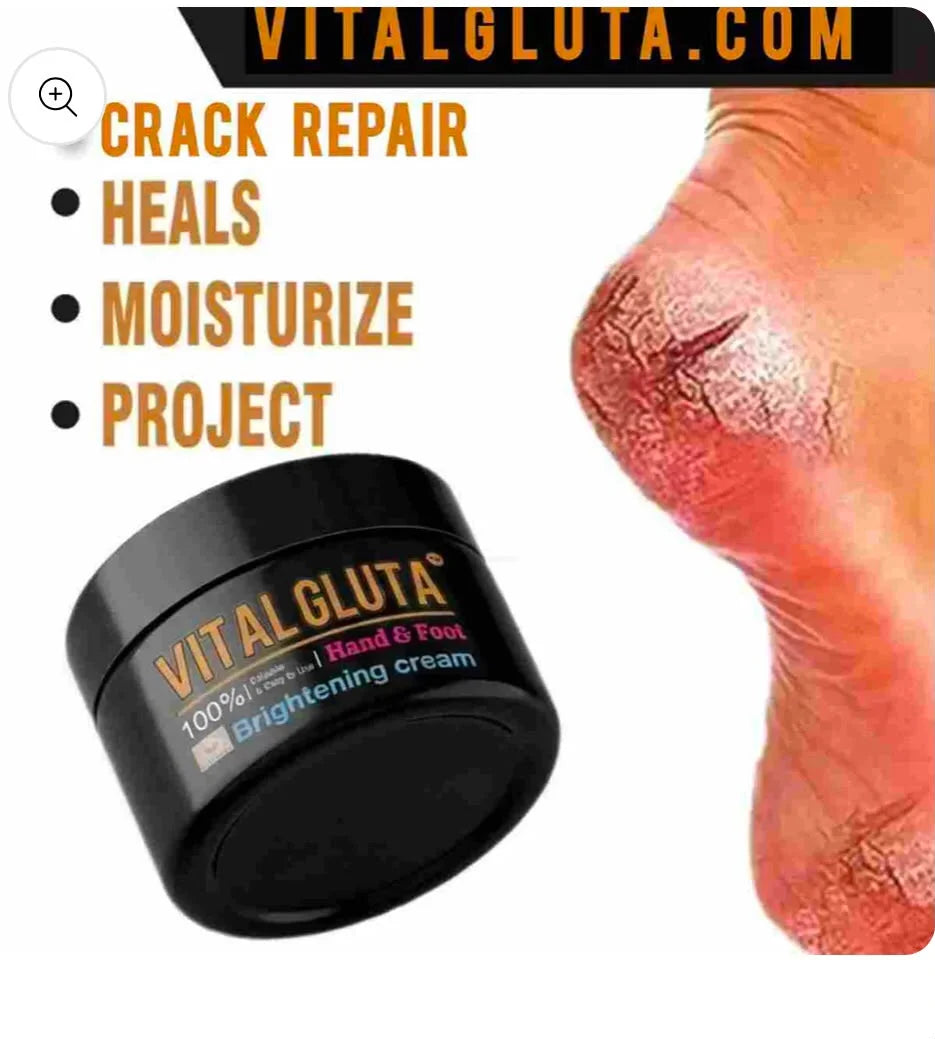 Vital Gluta Brightening Cream jar shown next to a close-up graphic of a cracked heel, with promotional text reading 'Crack Repair Heals Moisturize Project' and a VitalGluta.com banner at the top.