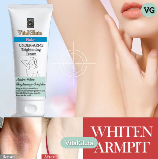 VitalGluta Under-Arms Brightening Cream packaging with before and after effects on armpit skin.