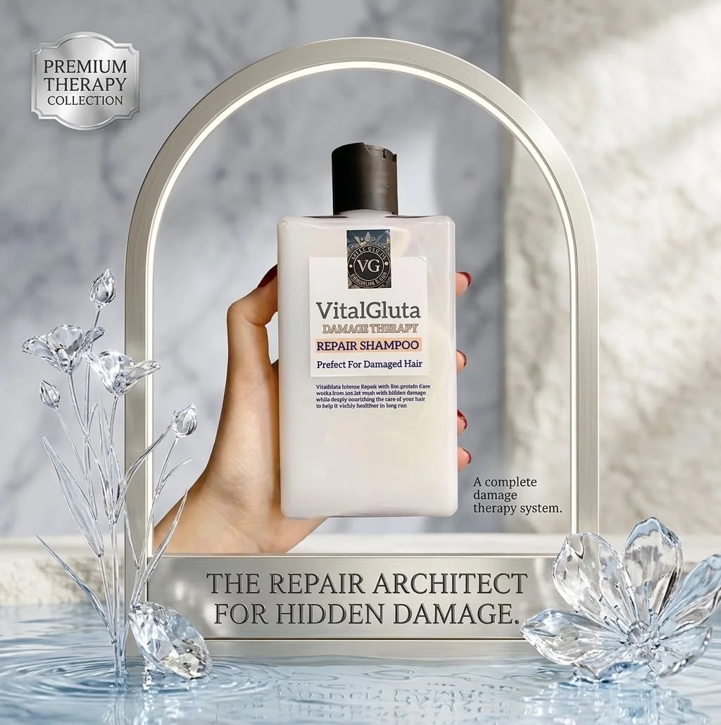 The product features a formula containing glutathione and keratin to repair microscopic damage and reinforce weak hair structural layers