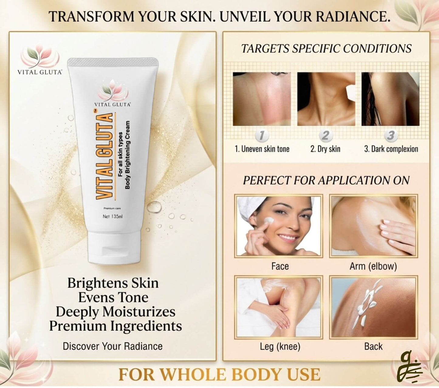 Vital Gluta cream packaging with application instructions on a beige background