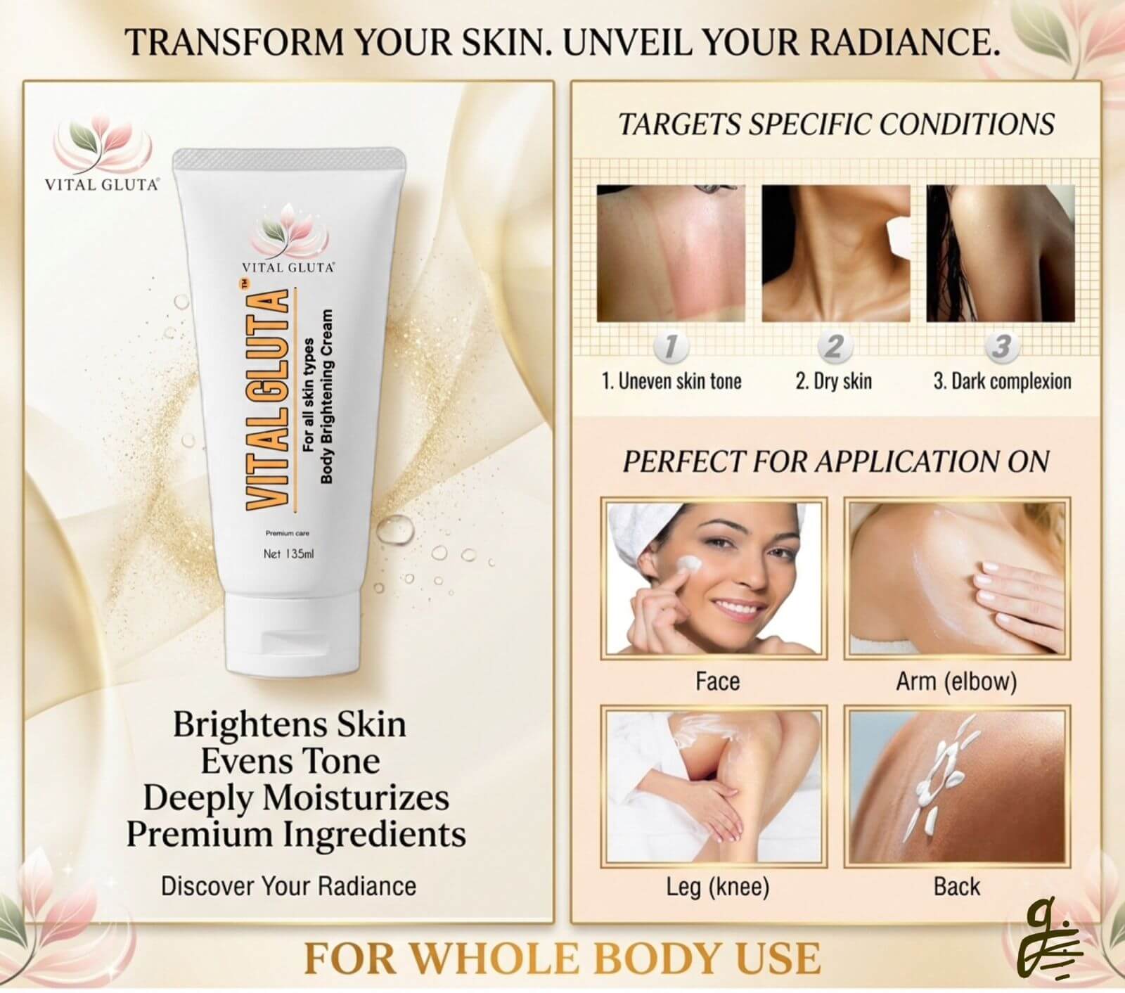 Vital Gluta cream packaging with application instructions on a beige background