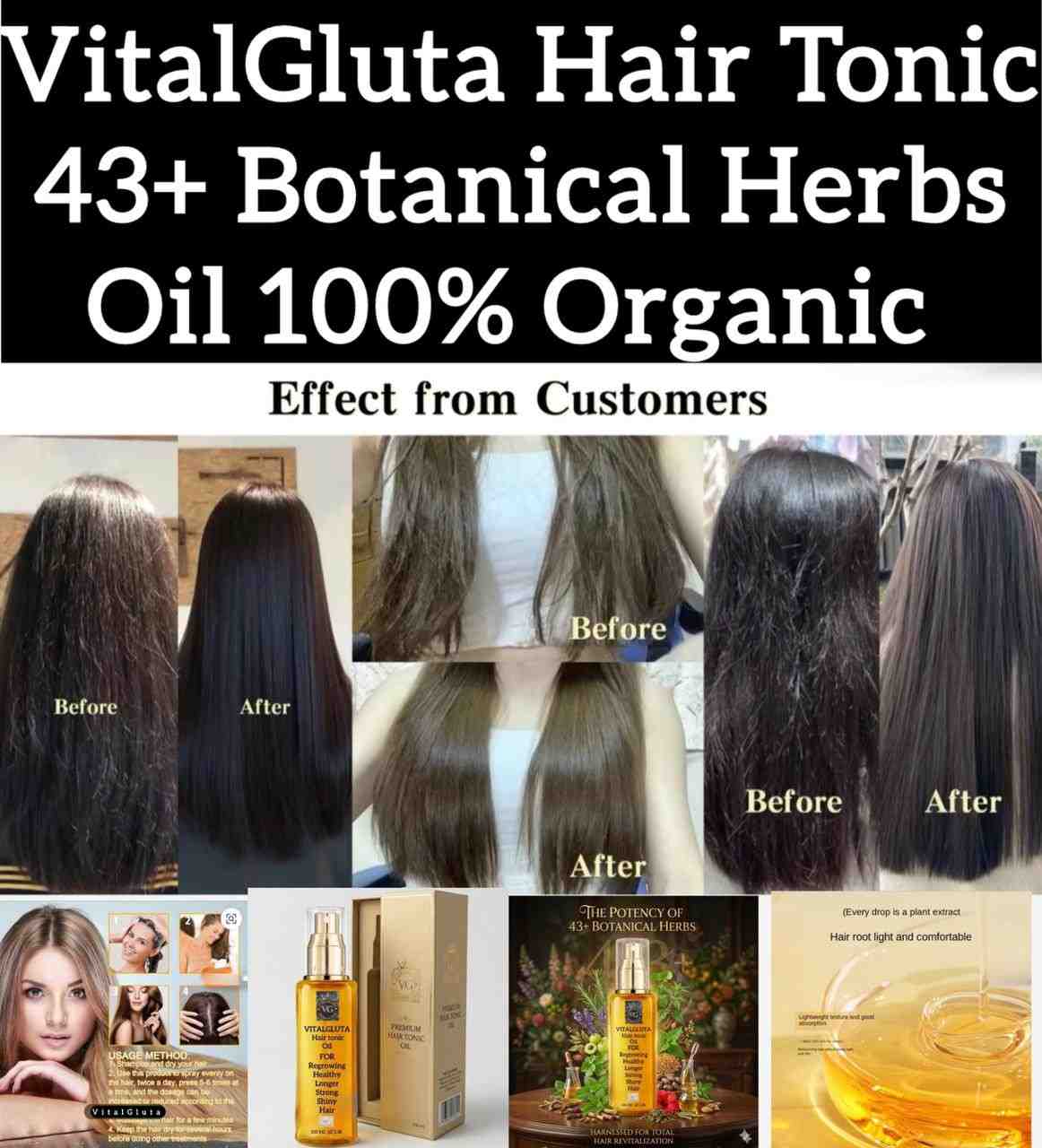 Advertisement for VitalGluta Hair Tonic with before and after hair images and product packaging.