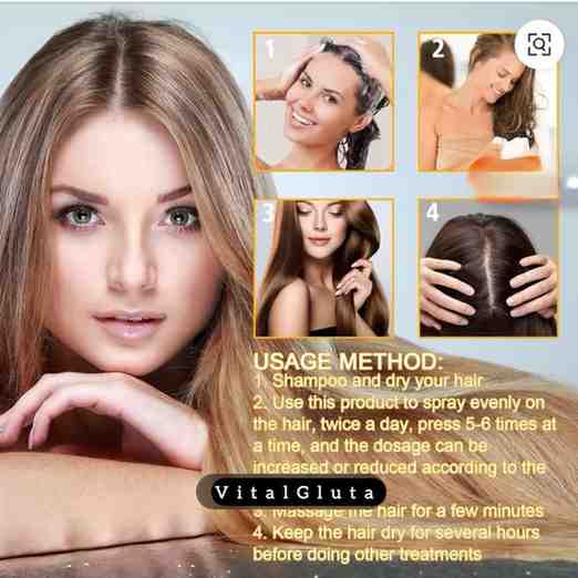 Woman with long blonde hair and instructions for using a hair product  of vitalgluta hair tonic oil on a light blue background.