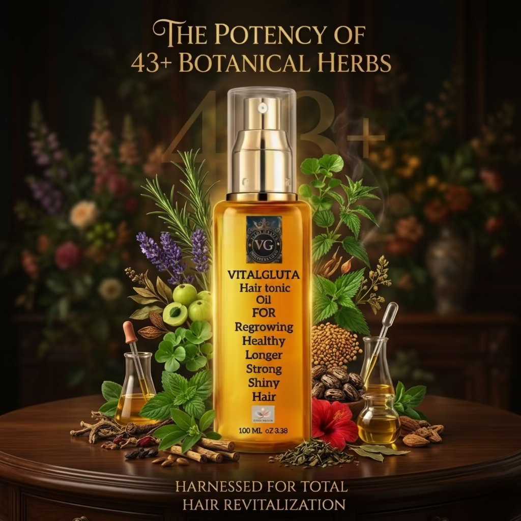 Vitalgluta hair tonic oil with botanical elements on a wooden table