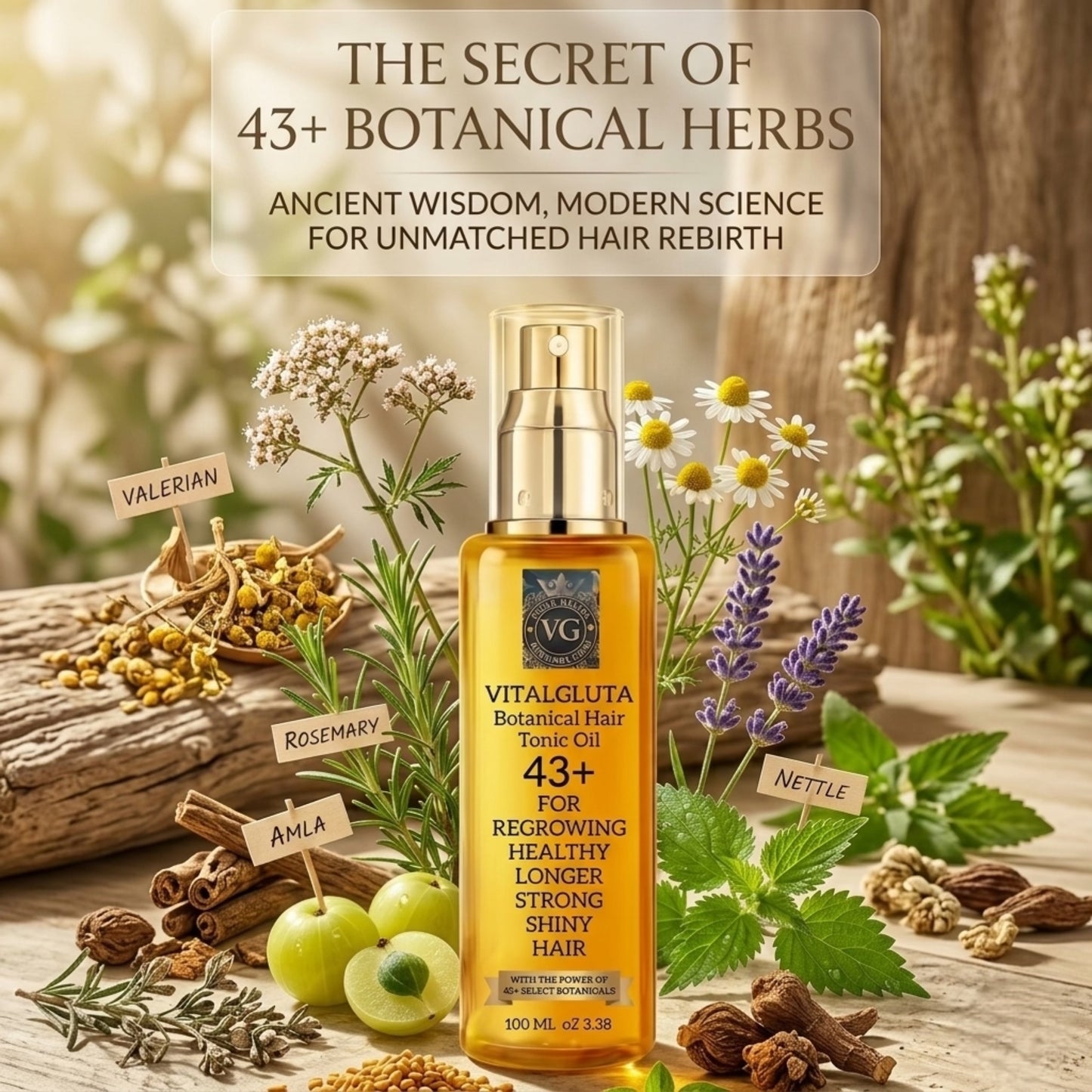 Vitalgluta botanical hair tonic oil with herbs and plants on a wooden surface