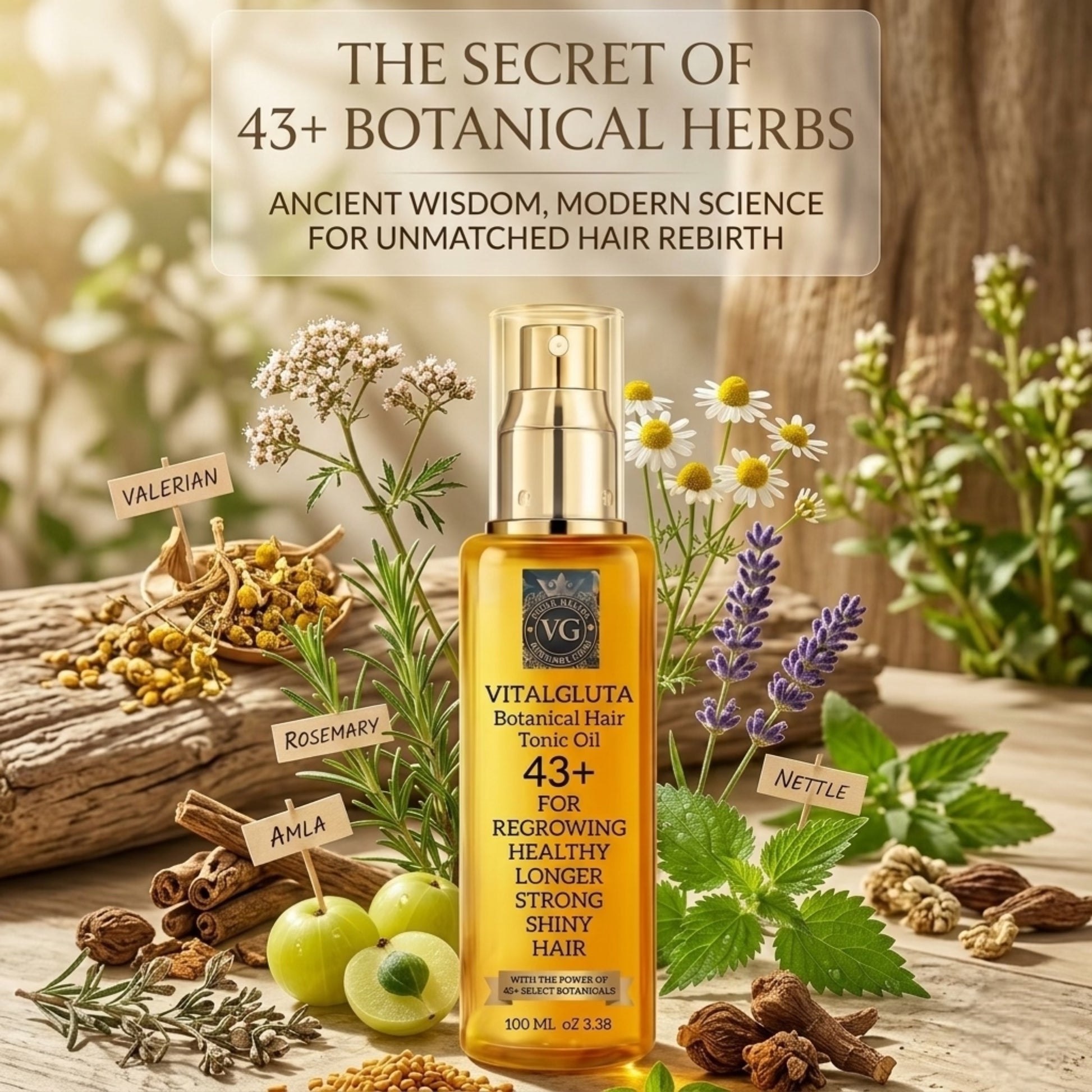 Vitalgluta botanical hair tonic oil with herbs and plants on a wooden surface