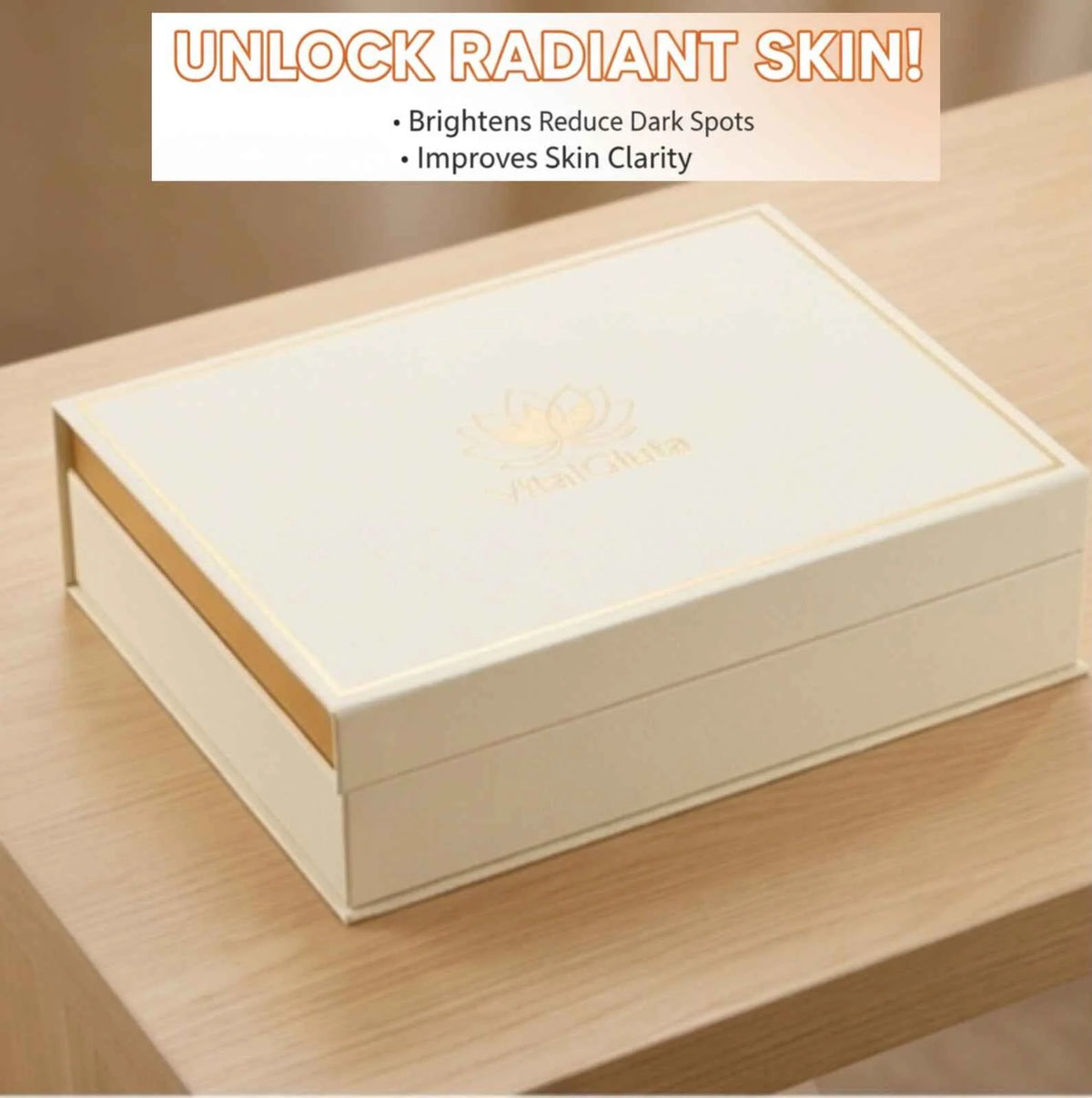 A cream-colored rectangular box with a gold lotus logo and the text 'Yasmin Arts' on the lid, placed on a light wood surface. A banner at the top reads VitalGluta 'UNLOCK RADIANT SKIN!' with bullet points about brightening and reducing dark spots.