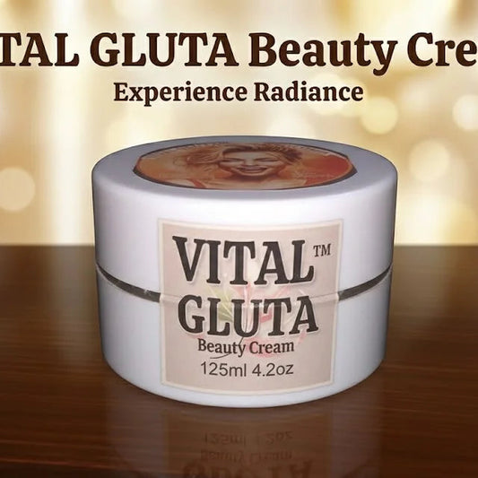 A white jar of VITAL GLUTA Beauty Cream sits on a dark wooden surface against a warm, blurred golden bokeh background. Text at the top reads 'VITAL GLUTA Beauty Cream' and 'Experience Radiance'.