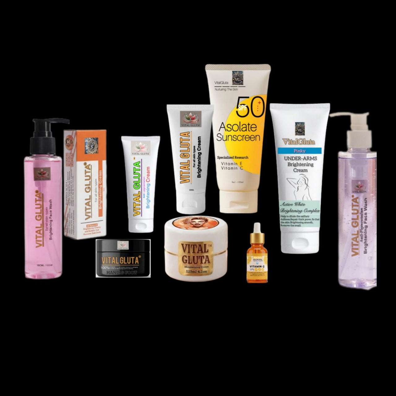 Collection of skincare products from Vital Gluta on a black background
