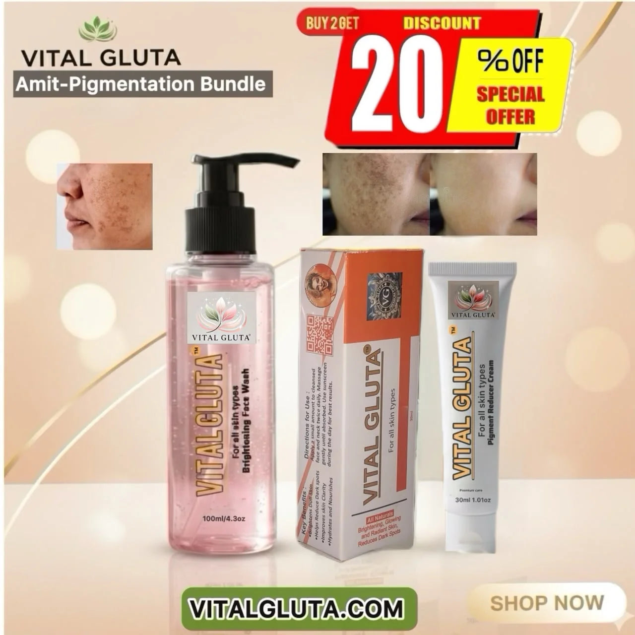 VitalGluta Amit-Pigmentation Bundle containing a pink pump bottle, an orange and white box, and a white tube of pigmentation cream, displayed with before-and-after skin close-ups and promotional discount banners.