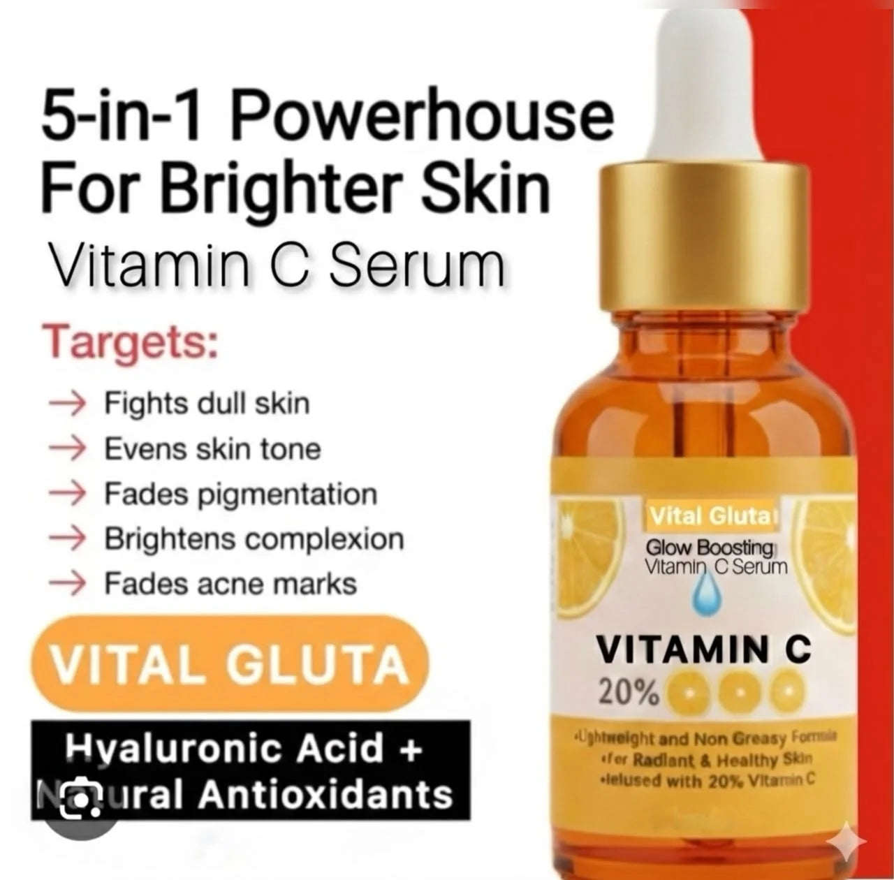 bottle of VitalGluta Vitamin C serum bottle with text highlighting benefits on a red background