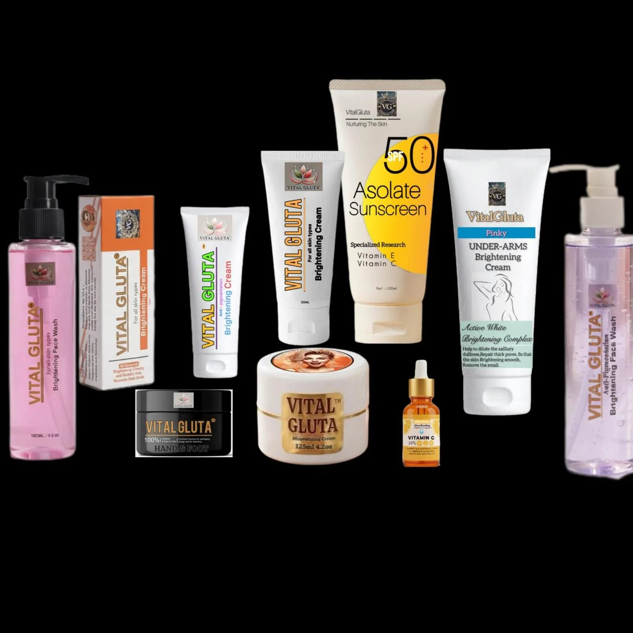 Collection of skincare products from Vital Gluta on a black background