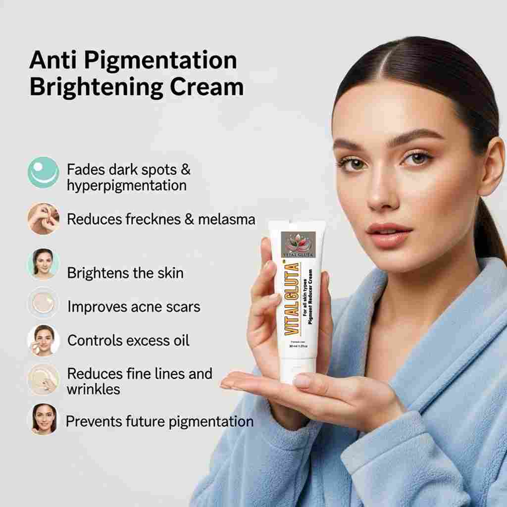 Woman in a blue robe holding VitalGluta pigment reducer cream with benefits listed for anti-pigmentation and brightening.