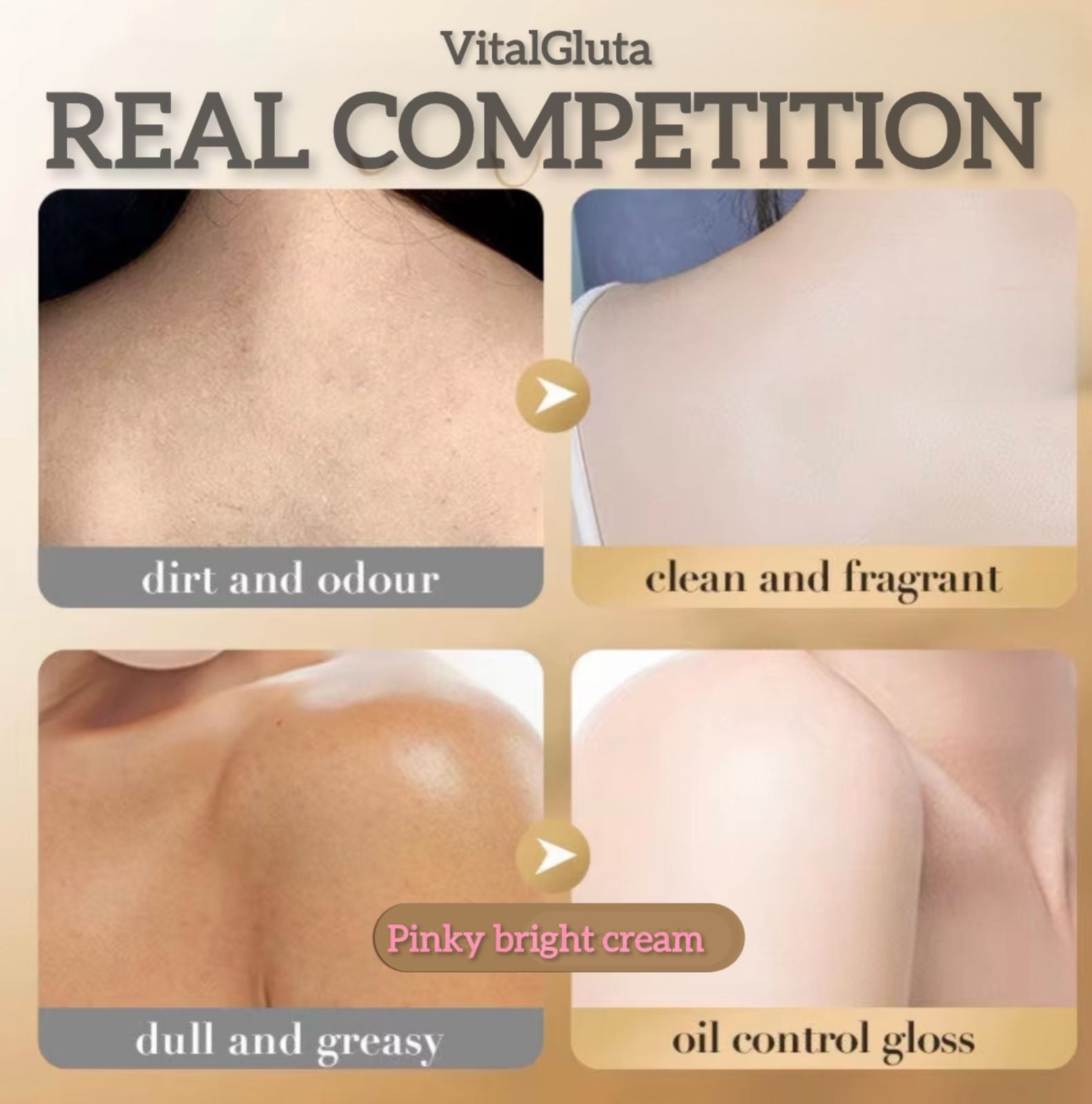 VitalGluta advertisement showing before and after effects of a skincare product.