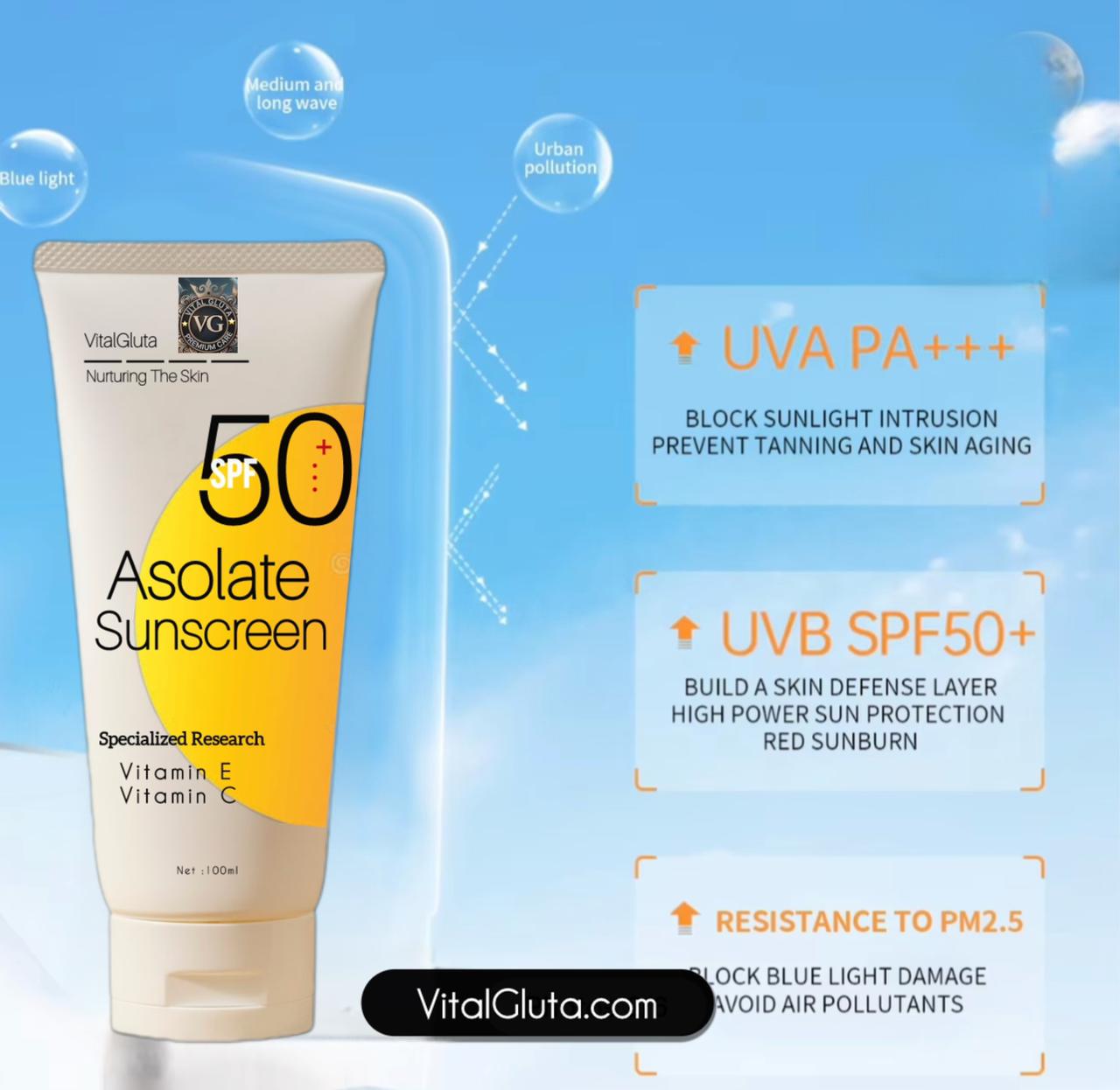 VitalGluta sunscreen tube with SPF 50+ on a blue background