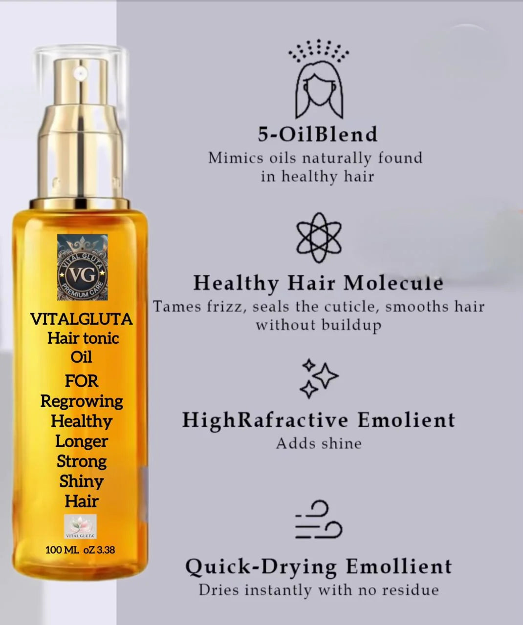 A bottle of VITALGLUTA Hair Tonic Oil on the left, next to four feature callouts with icons on a light gray background. The icons and text mention a 5-oil blend, healthy hair molecule, high refractive emolient, and quick-drying emolient.