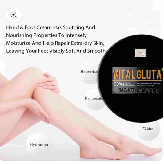 A hand and foot cream product graphic showing a black circular jar labeled 'VITAL GLUTA HAND & FOOT' alongside a photo of legs being massaged, with text describing soothing and moisturizing properties.