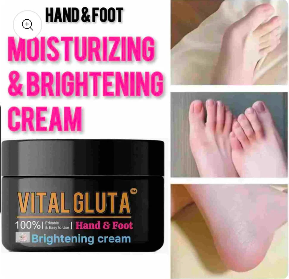 Vital Gluta moisturizing and brightening cream jar shown on a white background with text, alongside three inset photos of feet and toes demonstrating the product's effects.