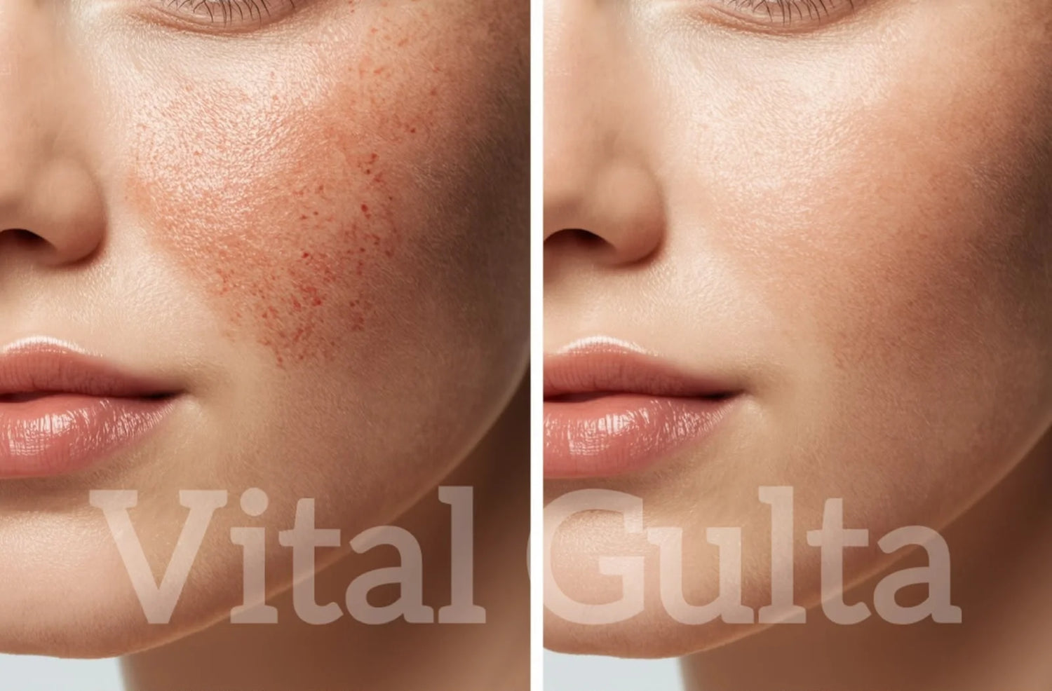 Before and after comparison of a person's face with visible skin issues on the left and clear skin on the right, branded 'Vital Gulta'.