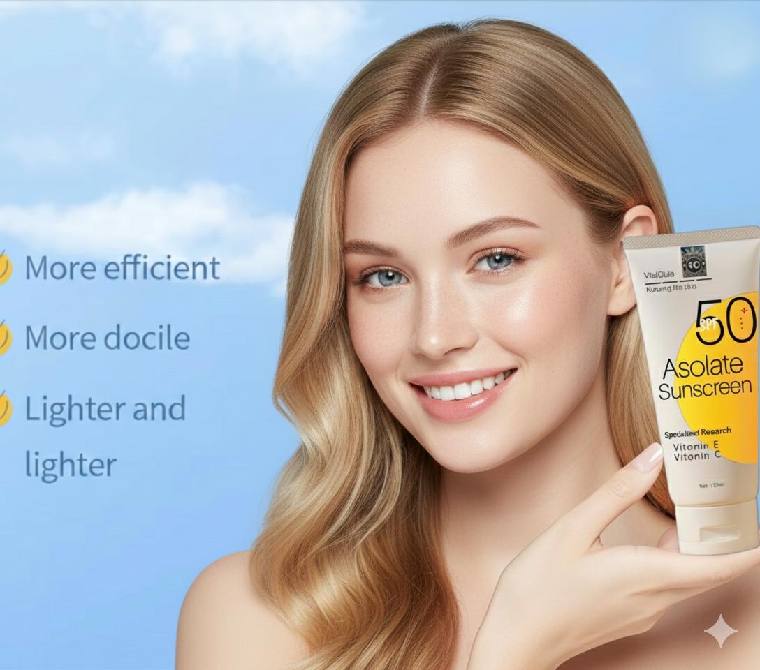 Woman holding a vitalgluta sunscreen product with text on an outdoor background