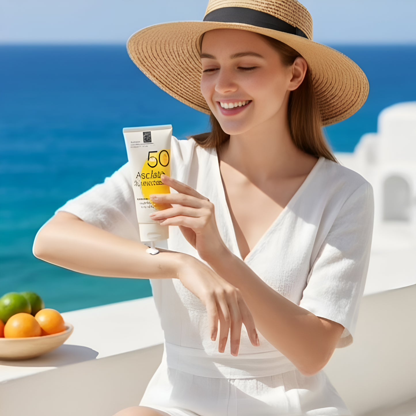 Woman applying sunscreen vitalgluta PSF 50 with a scenic ocean background