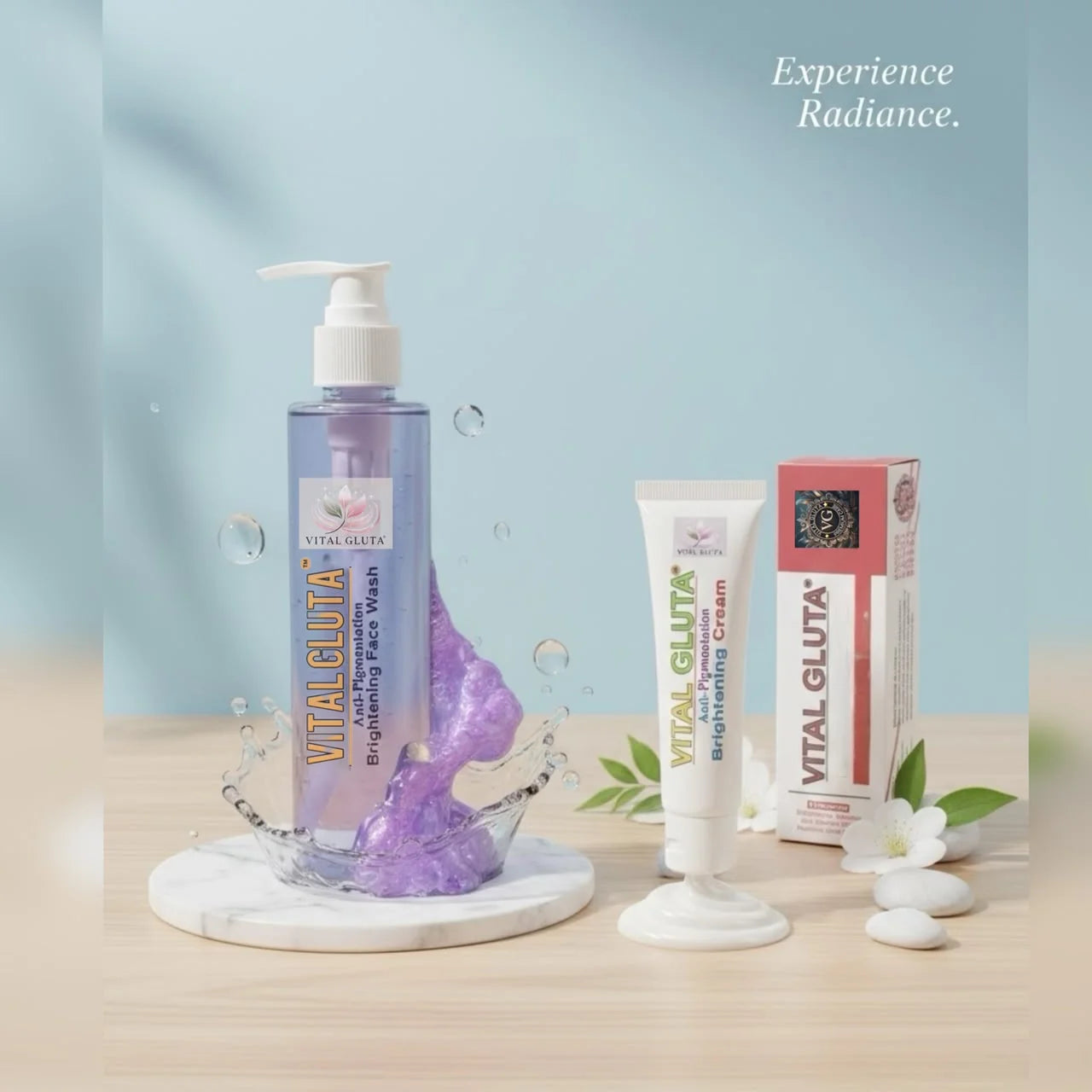Vital Gluta skincare set on a light wood surface against a soft blue background, featuring a lavender pump bottle with purple gel, a white cream tube, and a red-and-white box. The text 'Experience Radiance.