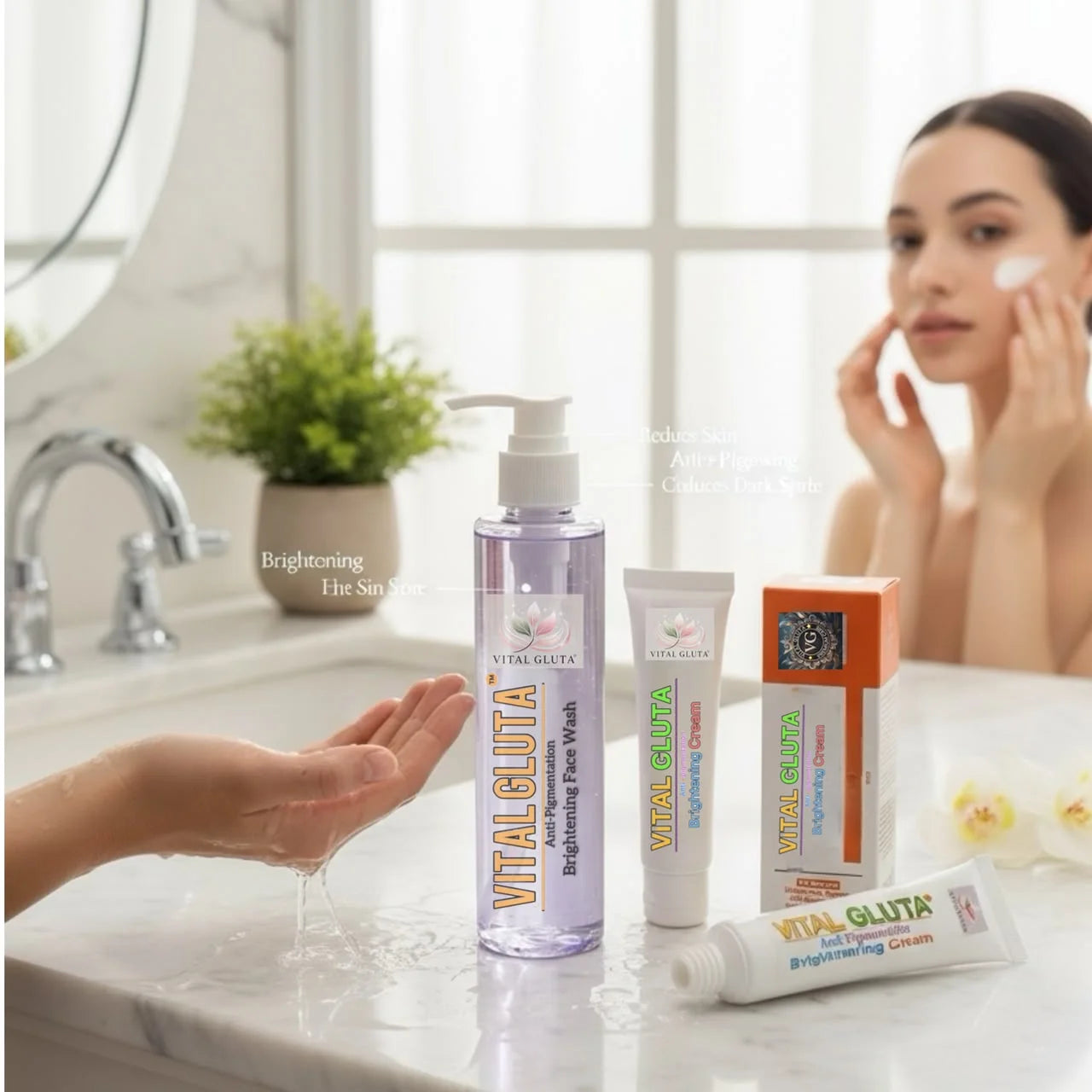 Vital Gluta skincare products on a bathroom counter with a woman applying cream.