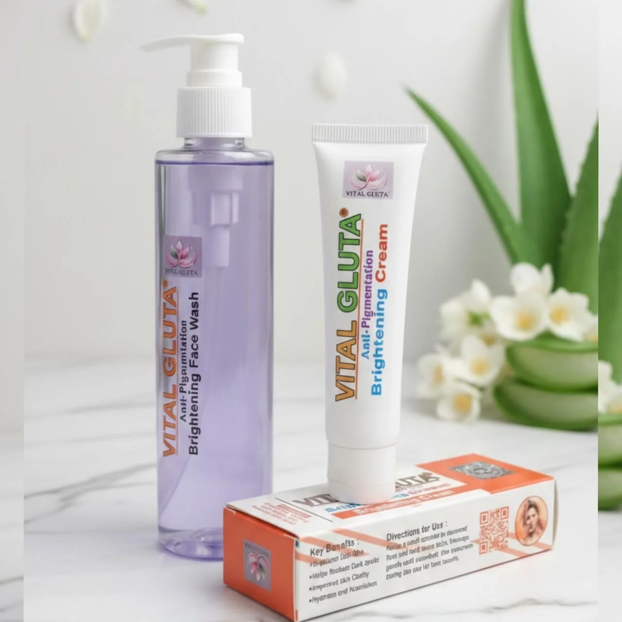 Vital Gluta skincare products including a bottle, tube, and box on a white surface with a plant in the background.