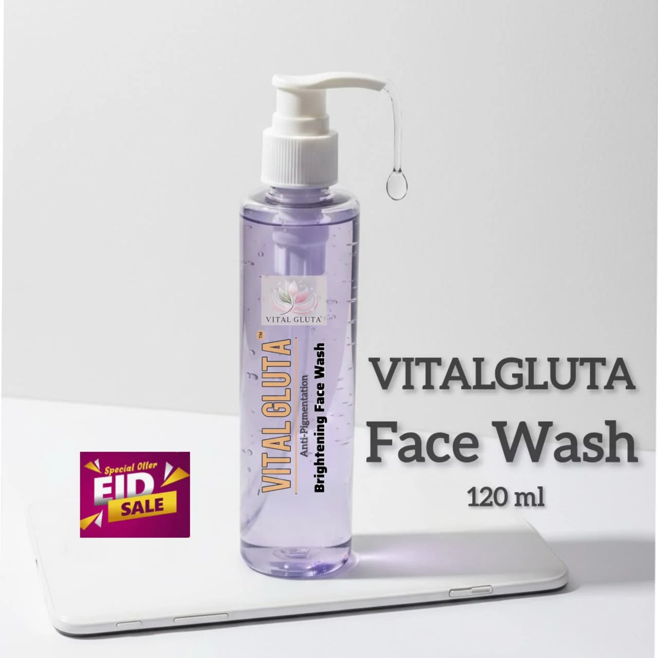 A bottle of Vitalgluta Brightening Face Wash with a white pump dispenser, shown on a white surface with promotional text and an FID Sale badge.