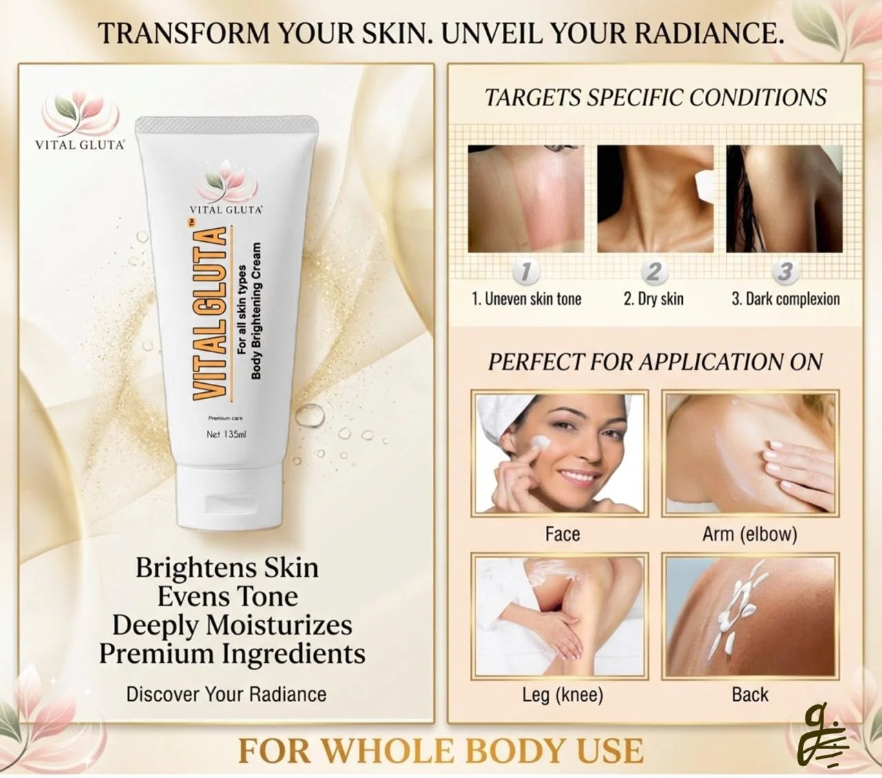 Vital Gluta cream packaging with application instructions on a beige background