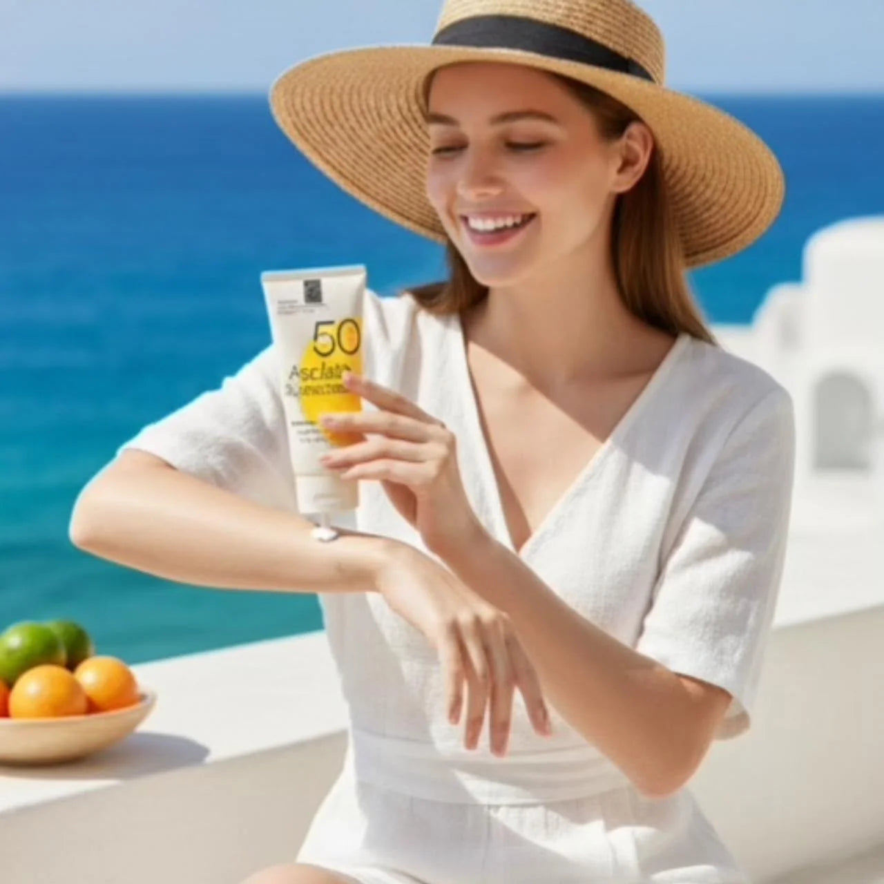 Woman applying vitalgluta sunscreen with a scenic ocean background