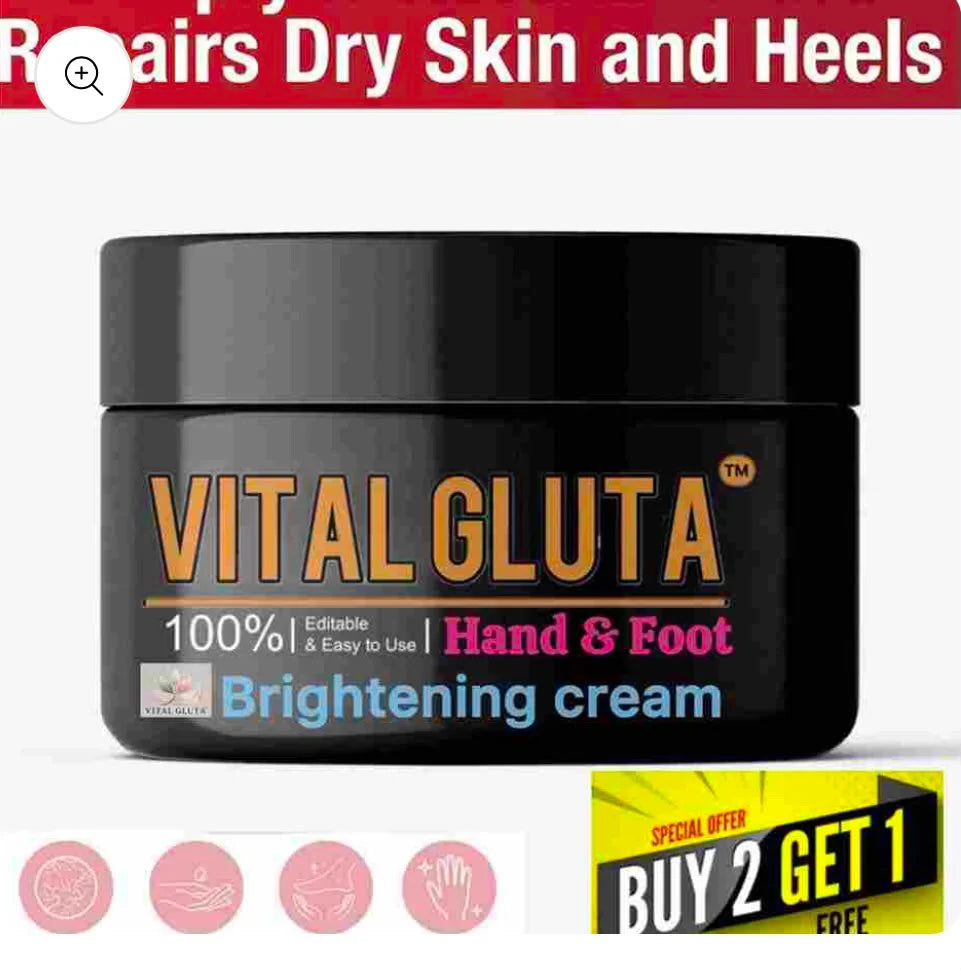 A black jar of Vital Gluta Brightening Cream for hand and foot, featuring orange, pink, and blue text on the label. The image includes promotional banners at the top and bottom.