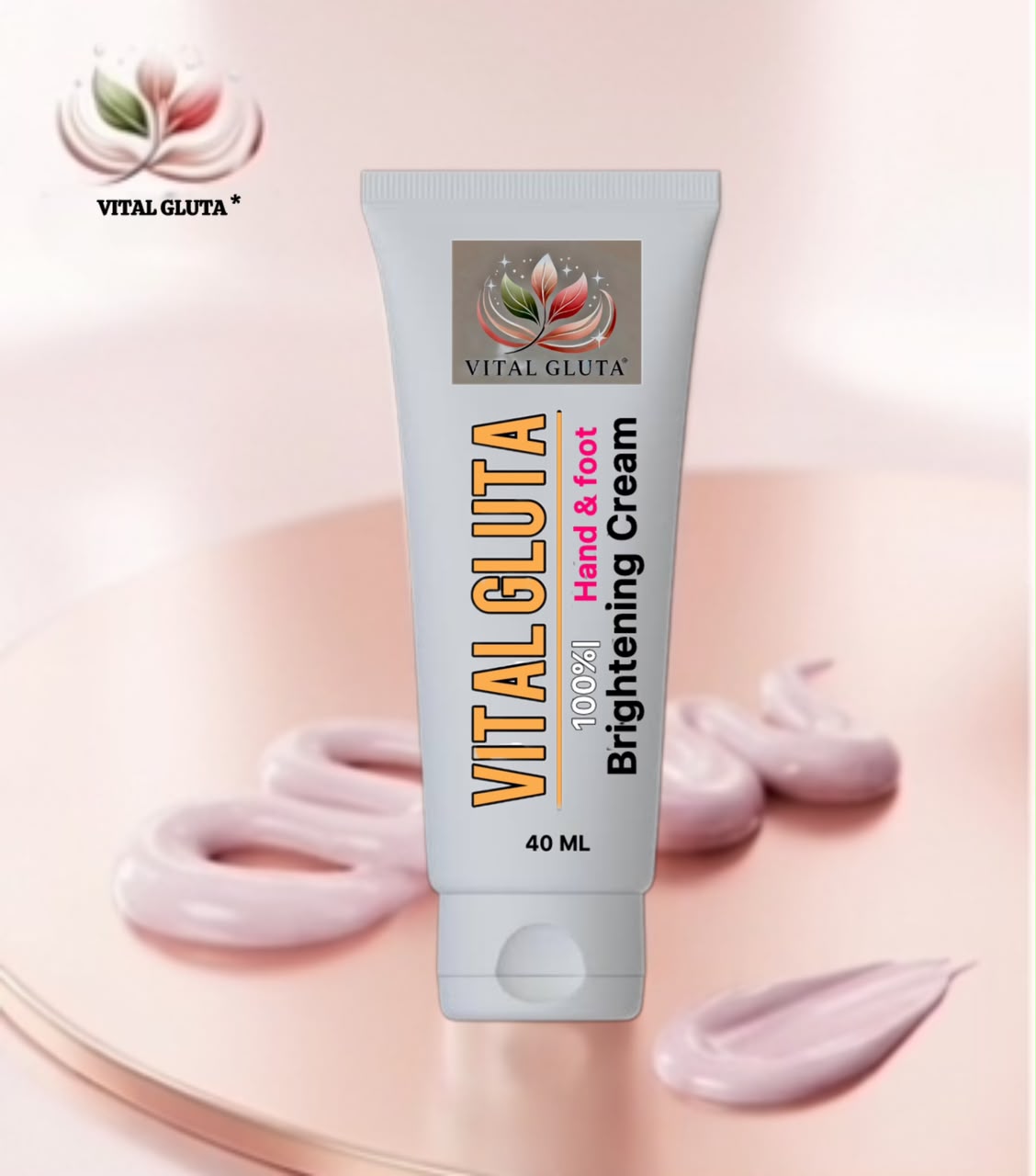 A 40 mL squeeze tube of Vital Gluta Brightening Cream for hands and feet, displayed on a soft pink background with decorative cream swirls. The tube is white with orange, pink, and black text, and features the Vital Gluta brand logo.
