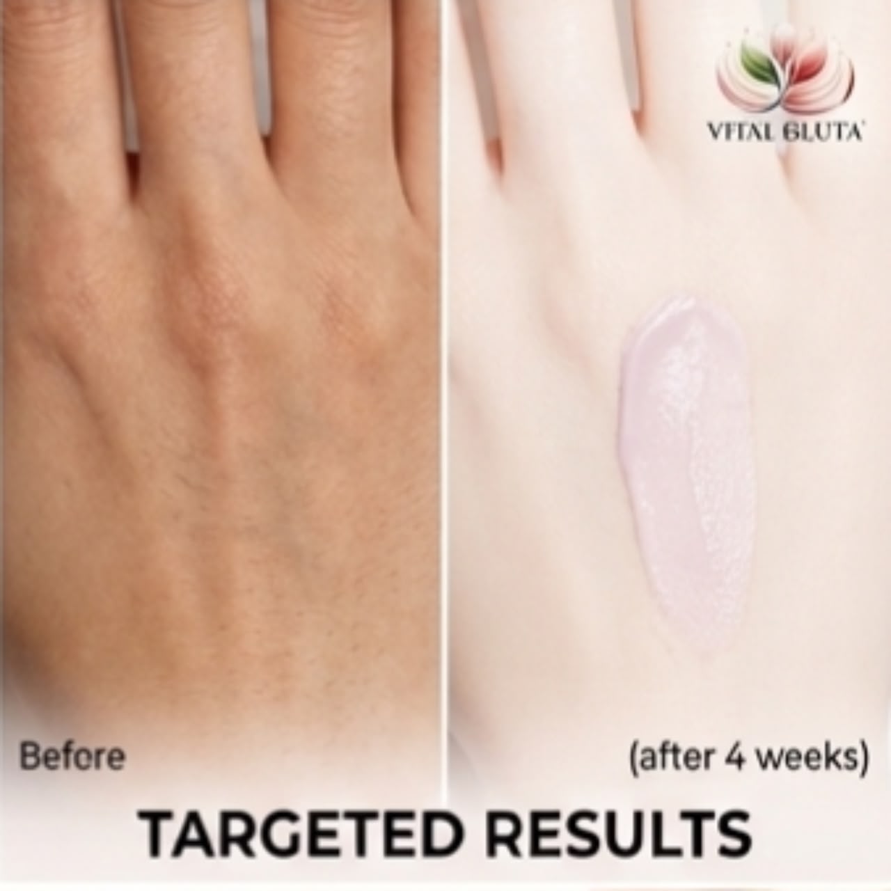 Before and after comparison of skin texture on a hand, showing visible vein reduction after 4 weeks, with a pinkish gel swatch on the right and the Vital Gluta logo at the top right.