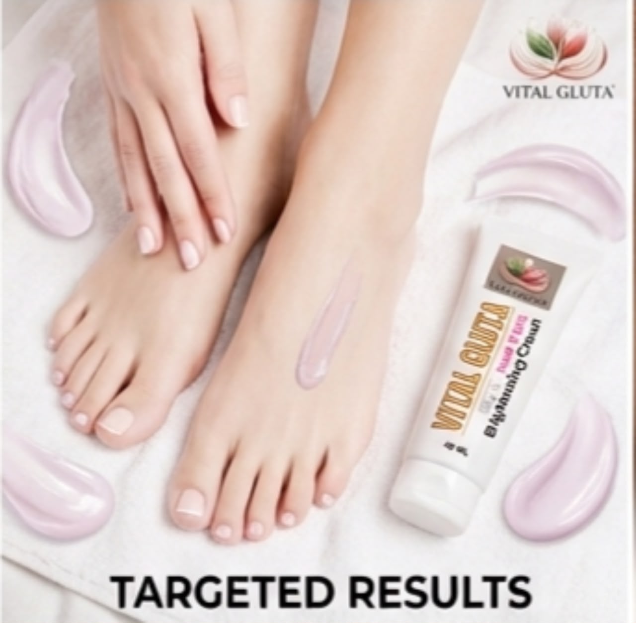 A tube of Vital Gluta Brightening Cream shown on a white towel with a person's feet and hands visible, surrounded by pink cream swirls. The text 'TARGETED RESULTS' appears at the bottom.