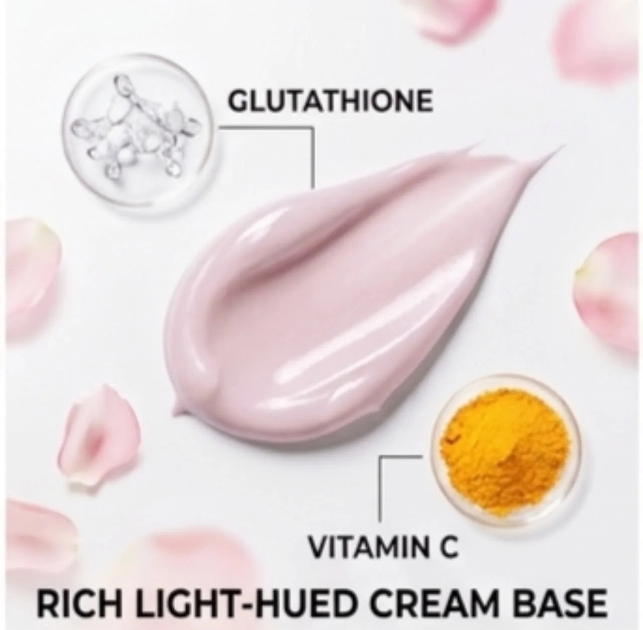 A cosmetic smear of light pink cream base on a white background with decorative pink petals. Text labels point to the cream and include 'GLUTATHIONE' and 'VITAMIN C', with a small inset showing yellow powder.