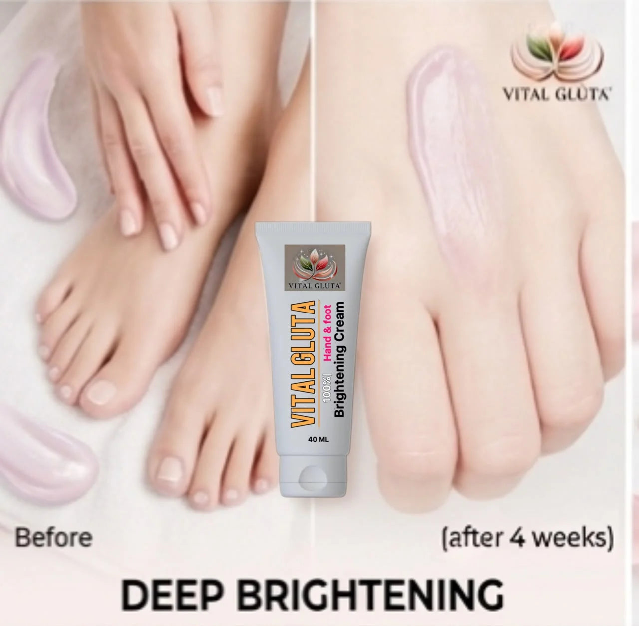 Vital Gluta Deep Brightening Cream tube shown in the center, with before-and-after foot and hand photos demonstrating a lightening effect. The brand logo 'VITAL GLUTA' is visible in the top right, and 'Before' and '(after 4 weeks)' text appears at the bottom.