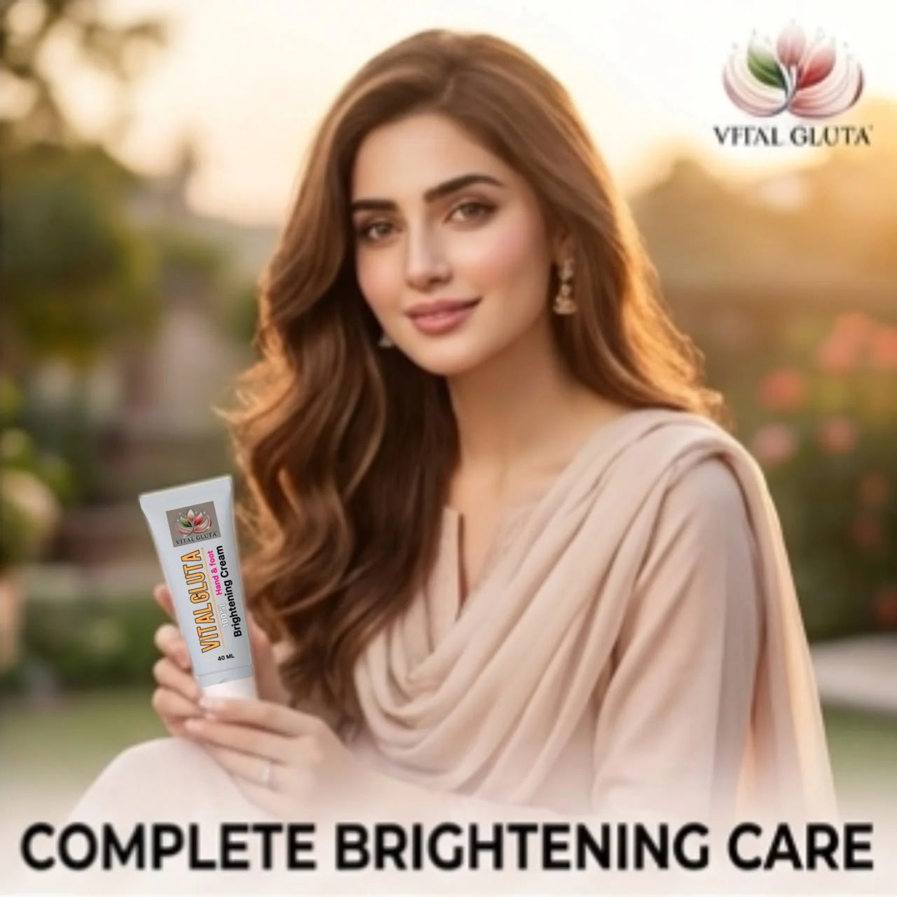 A woman outdoors at sunset holds a tube of Vital Gluta Brightening Cream. The image features the Vital Gluta brand logo in the top right corner and the text 'COMPLETE BRIGHTENING CARE' at the bottom.