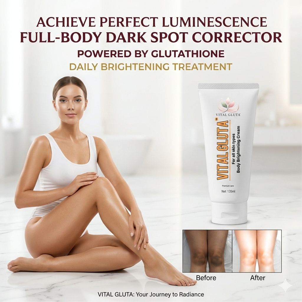 Vital Gluta body brightening cream with a woman showing before and after results on a marble background.