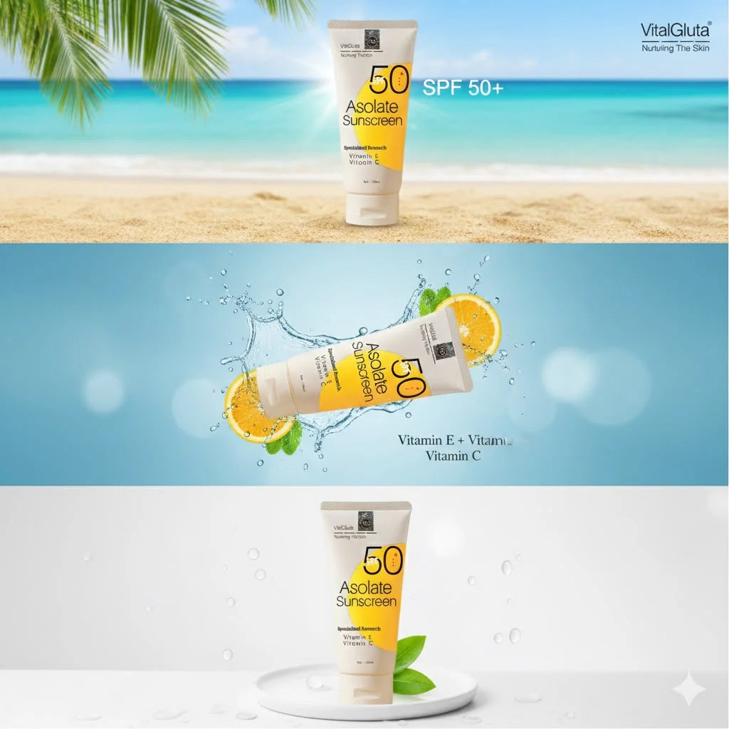 SPF 50 Plus sun rays protection VitalGluta sunscreen tube with SPF 50+ on a blue background