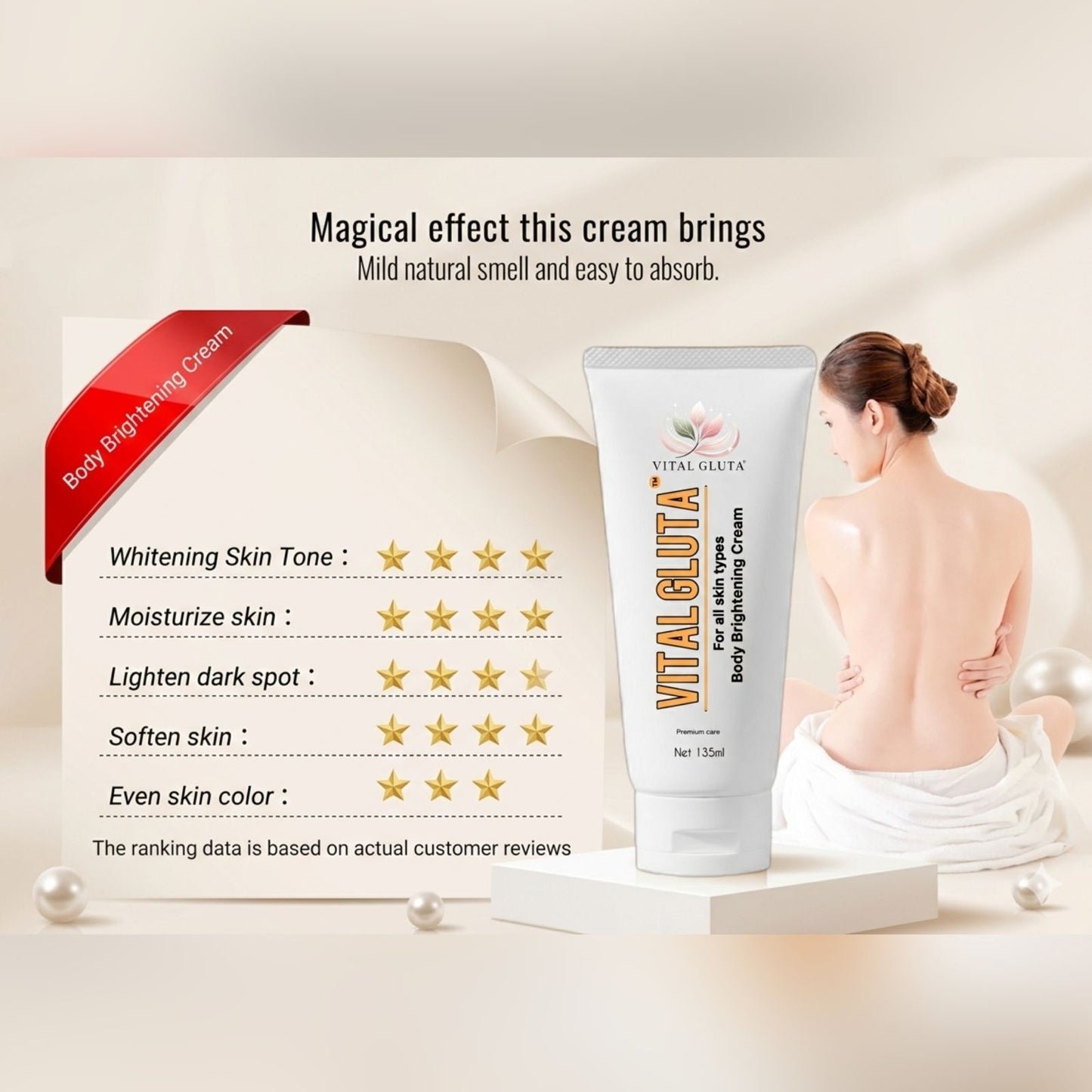 Vital Gluta body brightening cream with a woman applying it, surrounded by pearls and a neutral background.