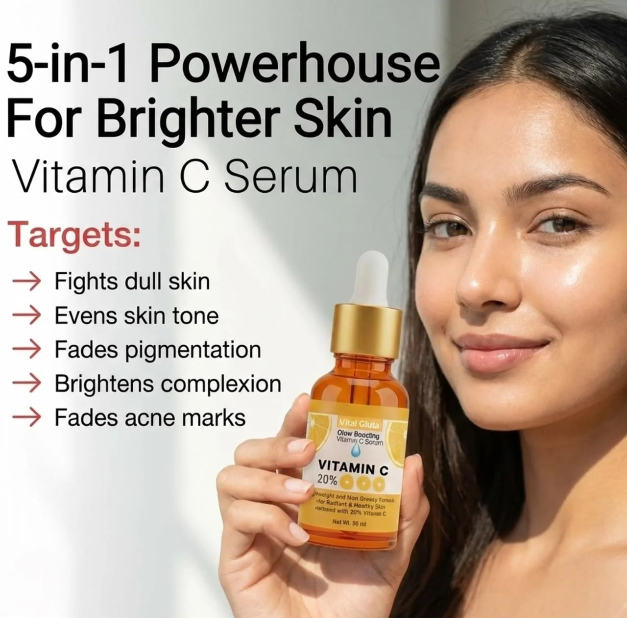 Woman holding a bottle of VitalGluta vitamin C serum with product features listed.