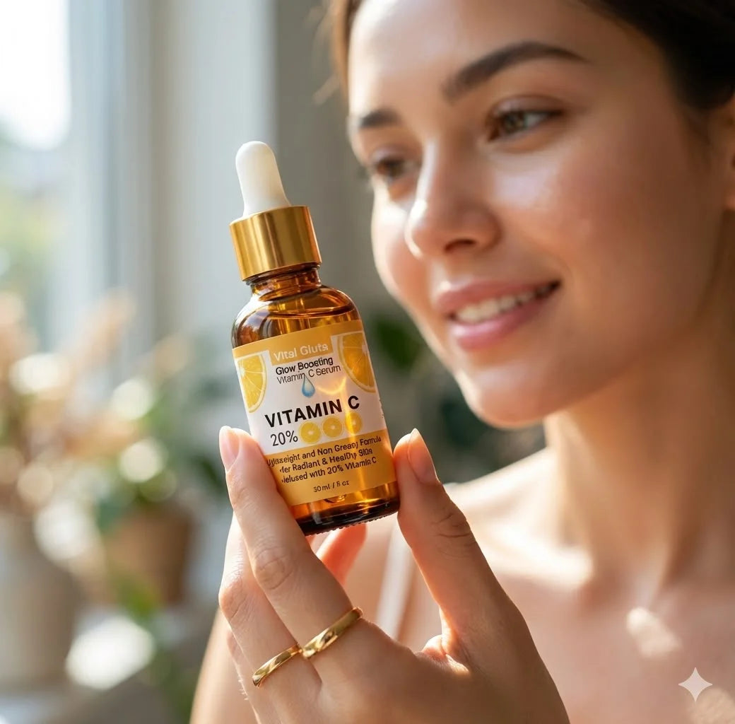Woman holding a VitalGluta Vitamin C serum with a blurred indoor background