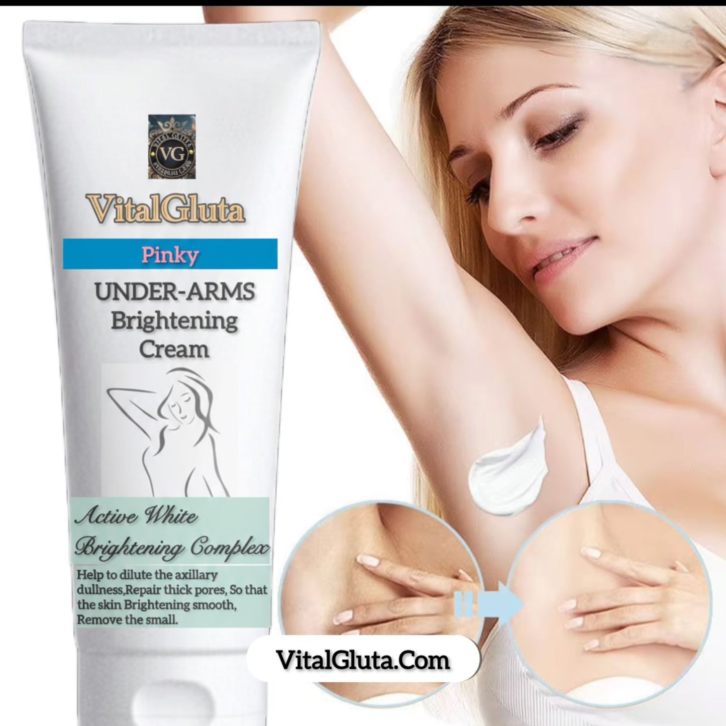 VitalGluta under-arms brightening cream packaging with a woman applying cream to her arm.