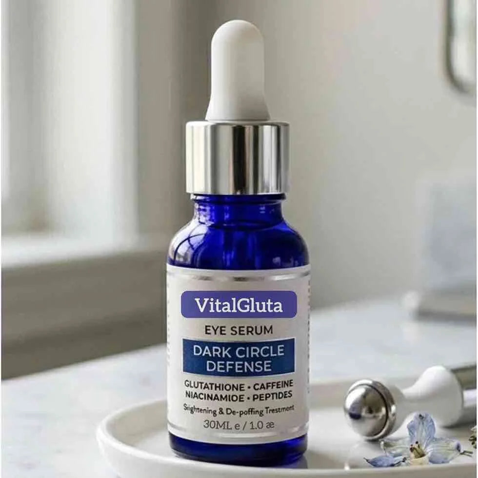 VitalGluta eye serum bottle on a white surface with a blurred background