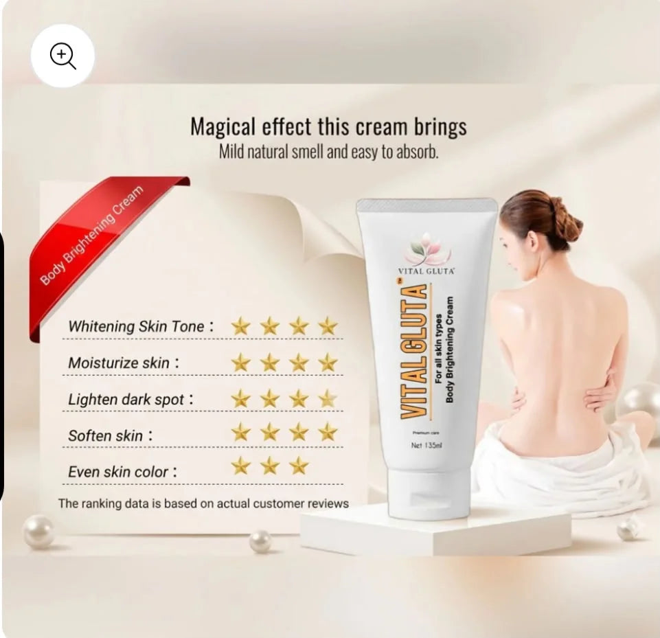 Vital Gluta Body Brightening Cream tube displayed on a pedestal next to a woman with her back turned, with text detailing skin tone, moisturization, dark spot lightening, and skin softening.